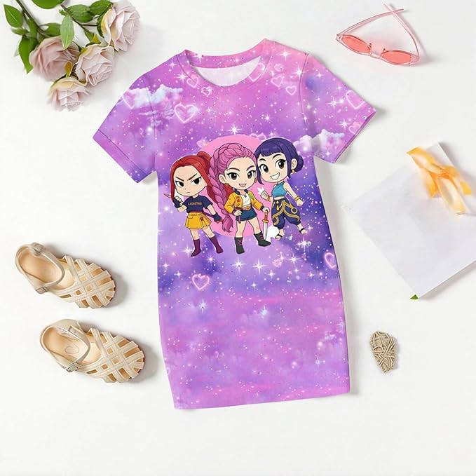 Girl's Anime K-POP Graphic Long Dress T-Shirt - Casual Loose Fit Short Sleeve Top