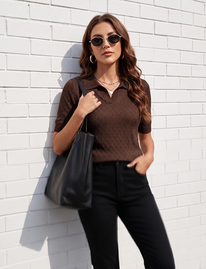 Rapbin Womens Short Sleeve Knit Polo Shirts Summer Spring Sweater Tops | Classic V Neck Collared Shirts Lightweight Business Casual Basic Fashion Pullover Polo Sweater for Work Formal Daily Wear