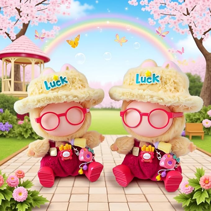 Doll Clothes Outfit and Accessories Suitable for 17cm Dolls, 5 Piece Set Romper Hat Camera Backpack Glasses Shoes (No Doll) Red