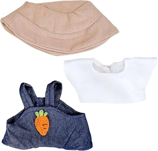 Doll Clothes for 17cm Dolls, Cute Outfit Set with Accessories, Bucket Hat and Overalls (No Doll) (Carrot Overalls Set)