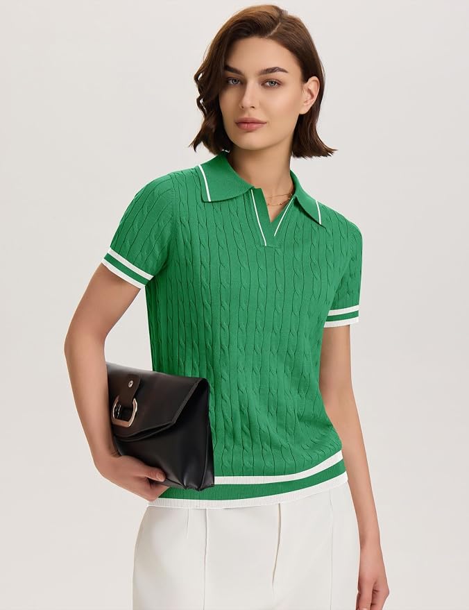 Micoson Womens Short Sleeve Sweater Tops Lapel V Neck Polo Shirts 2026 | Summer Cable Knit Loose Blouses, Business Casual Outfits