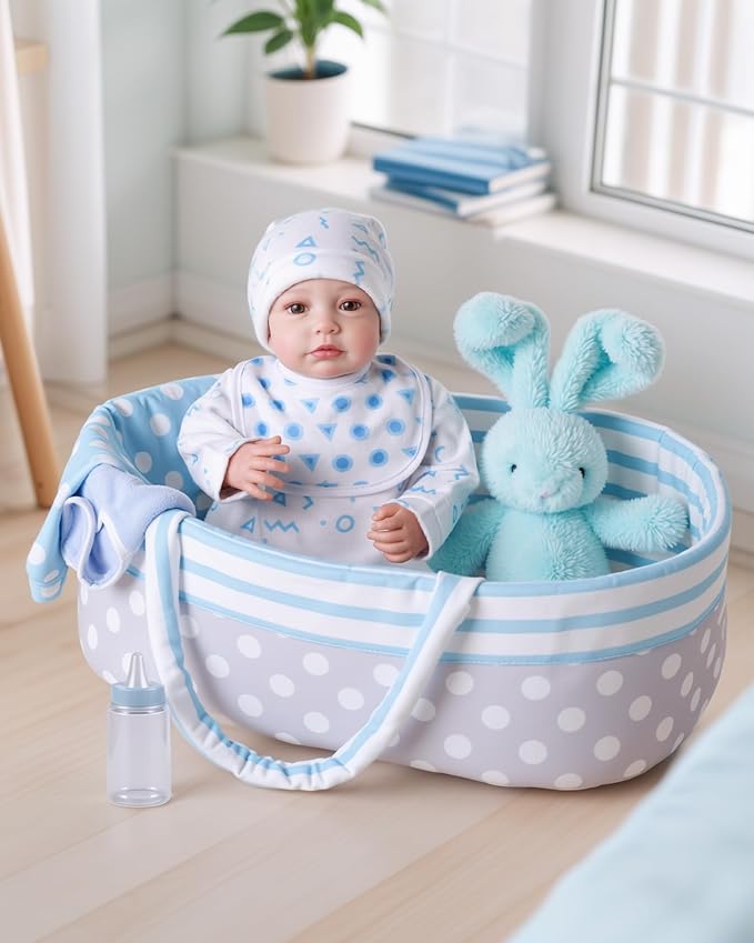 BABESIDE 8 Pcs Reborn Baby Doll Accessories for 17–22 Inch Dolls – Reborn Baby Doll Clothes, Bassinet, Magic Bottle & Magnetic Pacifier – Fits Reborn Newborn Boys & Girls