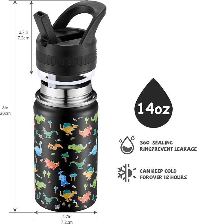 Kids Water Bottle,14oz Stainless Steel Insulated Water Tumbler Leak-Proof,School Water Mug,Small and Portable,Suitable for Boys and Girls to Use(Black cartoon dinosaur)