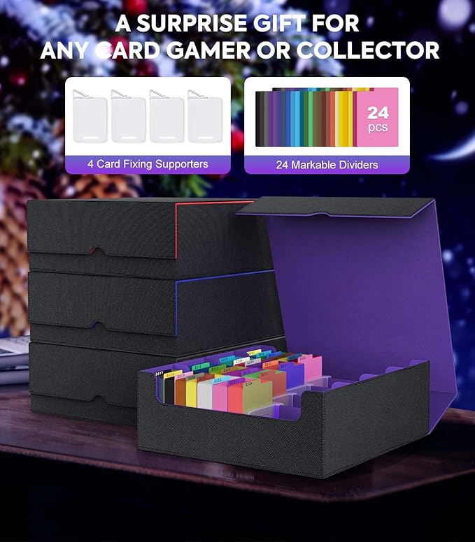 MoKo Trading Card Storage Box, 3000+ MTG Deck Box with 24 Colorful Dividers & 4 Card Supporters, Commander Card Deck Case Fits for Magic Game Cards, YugiOh, TCG, PTG and Sport Cards, Black Purple