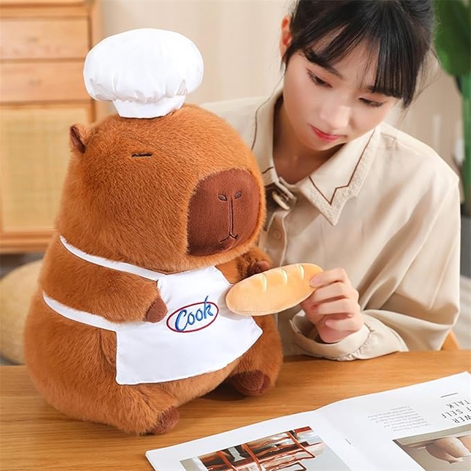 Capybara Plush with Cooking Chef Hat Bread 13.7 inch Cute Capibara Stuffed Animal Ultra Soft Plushies Toys Kawaii Gifts for Kids Brown