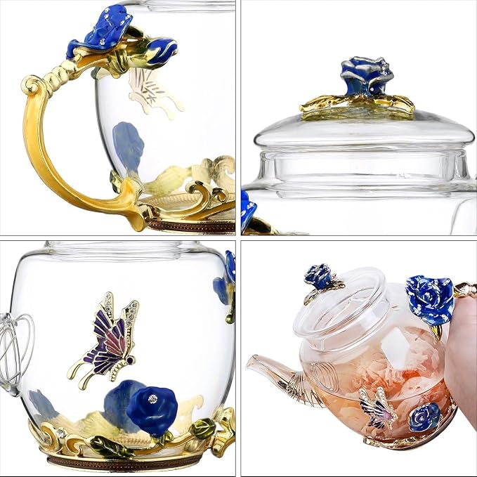 Glass Teapot -300 ml (10 oz) - Blue Rose Flower Butterfly Decoration Heat Resistant Glass Teapot Kettle Loose Leaf Teapot Tea Party Set (Blue)
