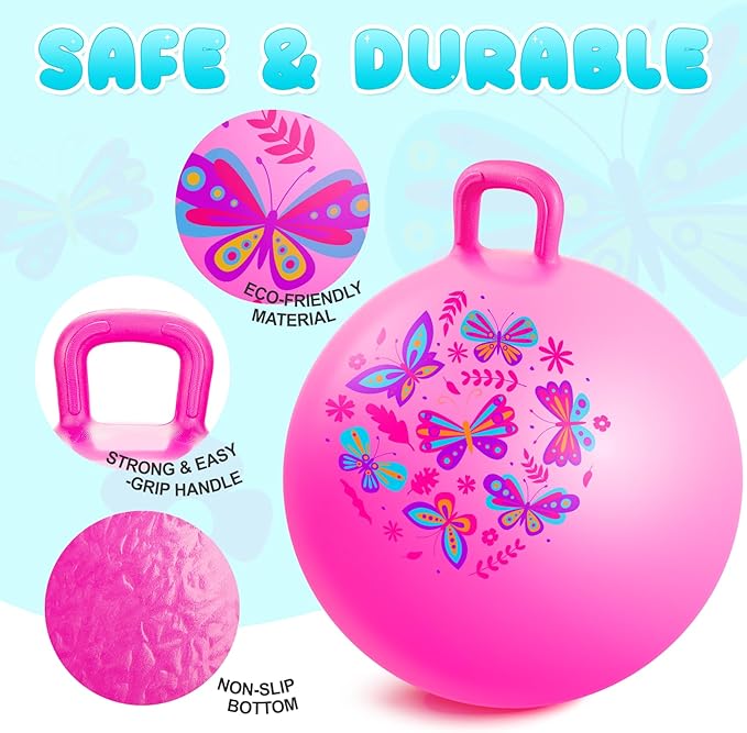 PlayZap Hopper Ball for Kids 6-12,20 Inch Pink Bouncy Ball with Handle, Inflatable Hippity Hop Bounce Hopping Toys Indoor Outdoor for Boys Girls Gifts, Butterfly