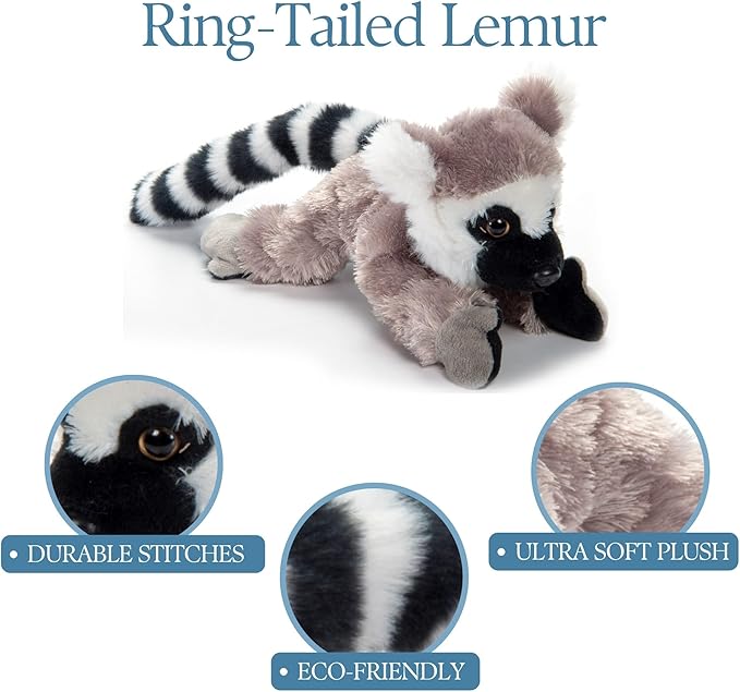 The Petting Zoo Ring Tailed Lemur Stuffed Animal Plushie, Gifts for Kids, Scoopz Wildlife Animals, Lemur Plush Toy, 8 inches