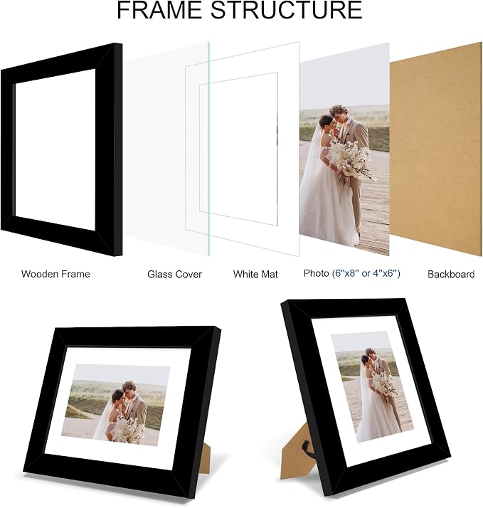 Hongkee 6x8 Picture Frame Set of 4, Made of Real Glass and Black Frame - Display Picture 4x6 with Mat or 6x8 Without Mat, 6 by 8 Photo for Wall or Tabletop