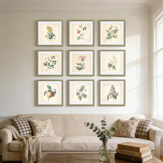10x10 Picture Frame Set of 9, Display Pictures 8x8 with Mat or 10x10 without Mat, Multi Collage Gallery Square Photo Frames for Wall or Tabletop, Rustic Brown