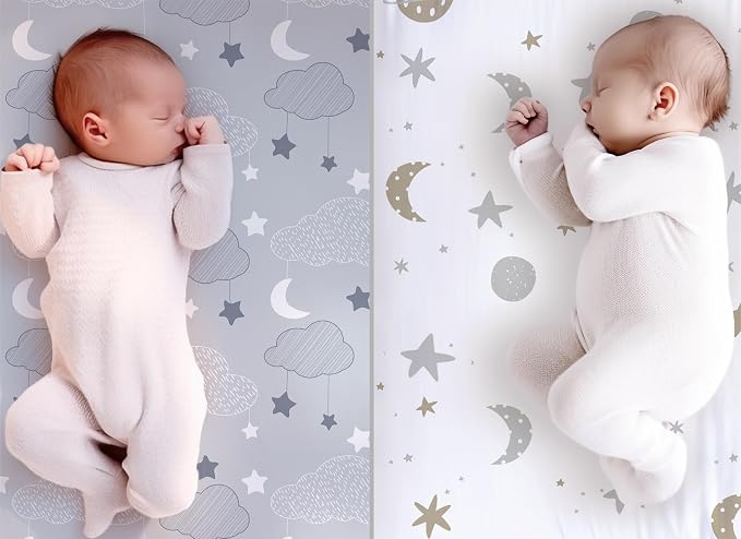 100% Organic Cotton Fitted Travel Crib Sheets, Perfectly Compatible with Guava Lotus, BabyBjorn, Dream On Me and All mattresses 22-26" Wide by 40-44" Long. Strap Holes in Corners. 2 Pk