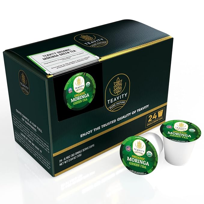 Organic Moringa Green Tea Pods for Keurig - Naturally Caffeinated by Teavity (24 Tea Pods)