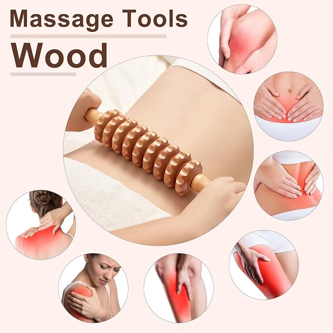 Xokocli Cellulite Massage Tool Wood Therapy Massage Tools Fascia Blaster Cellulite Roller Lymphatic Drainage Massager Deep Tissue Massage Stick for Legs Thighs Muscle Relief Recovery(White 9-Wheel)
