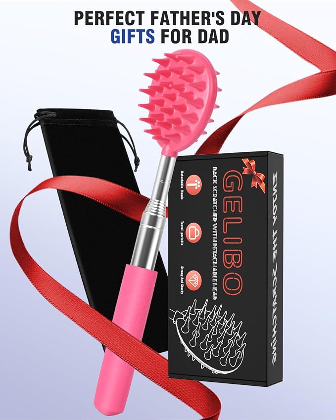 Gelibo Telescoping Back Scratcher with 5Pcs Detachable Heads, Extendable Back Massager Tool, Fathers Day Dad Gifts from Wife Daughter Son, Mens Gifts, Husband, with Beautiful Box - Pink