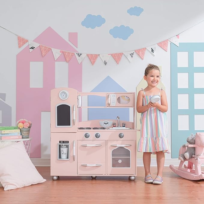 Teamson Kids Little Chef Wooden Westchester Retro Kids Play Kitchen Playset, for Toddlers Child Children Boy Girl, Pink