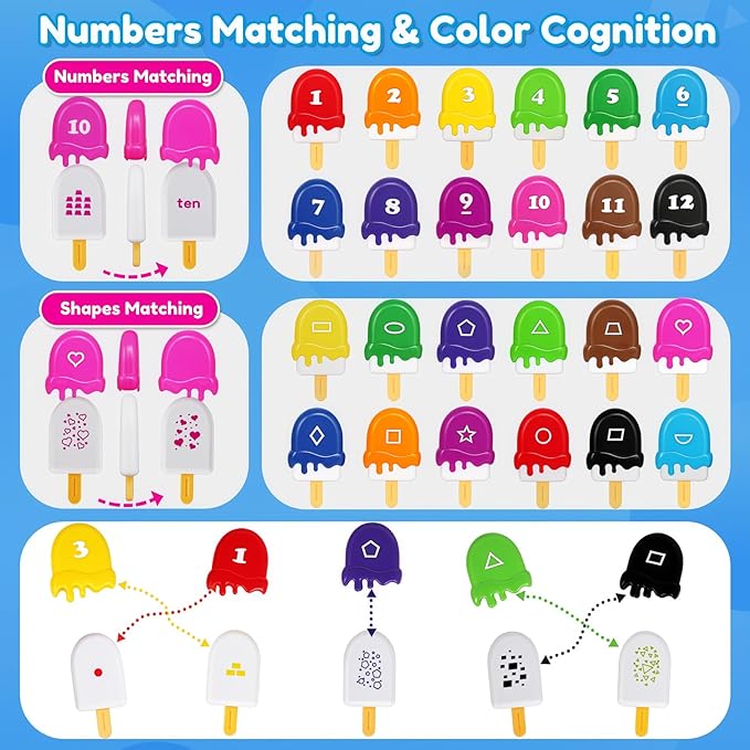 USATDD Numbers Learning Toys Number Popsicles Matching Toy Learning Numbers & Patterns Preschool Learning Activities Montessori Toys Back to School Gifts for Kids Ages 3+