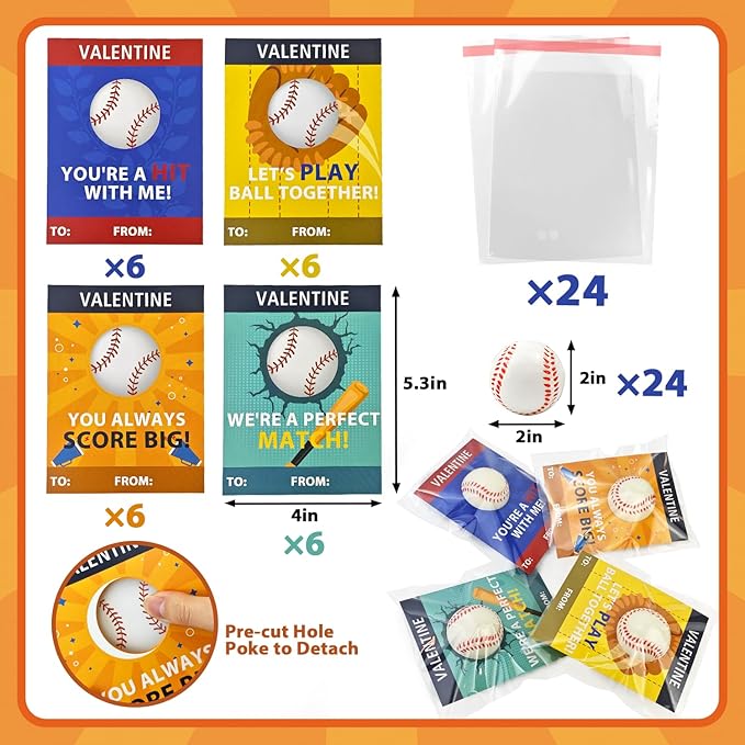 Baseball Valentines Day Cards Gifts for Kids Classroom,24 Pack Mini Stress Sports Baseball Toys W/ Exchange Cards for Boys Toddlers,Valentine Goodie Bag Stuffers School Party Favors Non Candy Treats