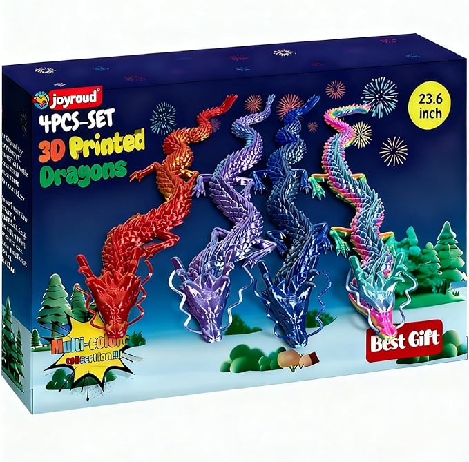 4-Pack Big 24 Inch 3D Printed Dragon Fidget Toy, Articulated Chinese Dragon Action Figure with Gift Box - Christmas Gift, Imaginative Play, Office Desk Decor & Collectible Figurine for Kids & Adults
