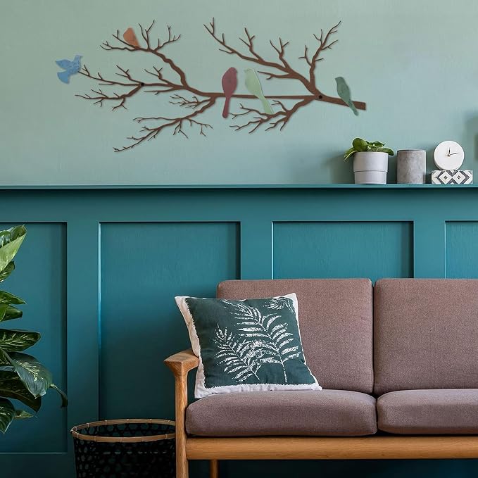 ESTART Metal Birds Wall Art, Metal Vivid Birds on Branch Silhouette Wall Decor Leaves with Bird Outdoor Hanging Wall Sculpture for Home Living room Bedroom Balcony Garden (Colorful, Small)