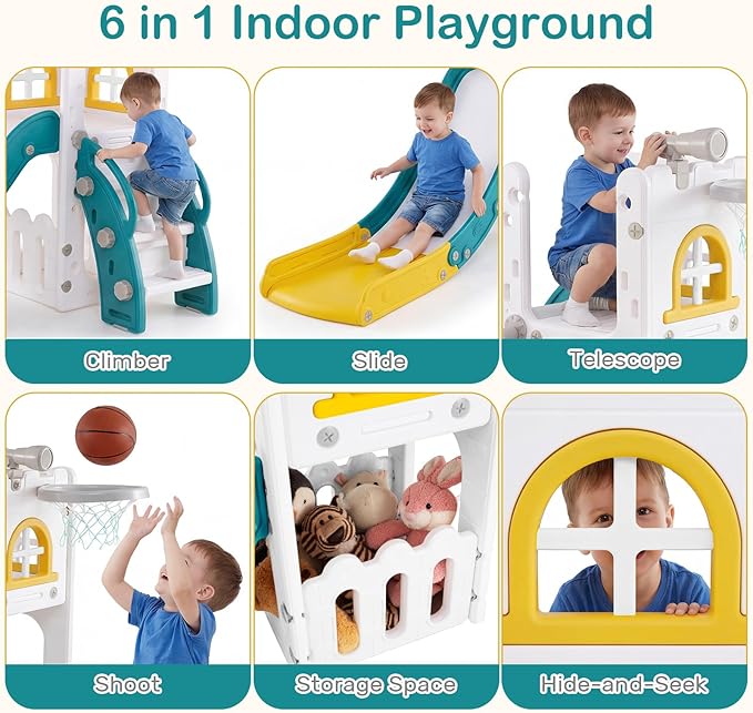 OLAKIDS Toddler Slide, 6 in 1 Kids Indoor Outdoor Playground with Climber Basketball Hoop Telescope Toy Storage for Boys Girls Aged 1+ (Yellow, 27'')