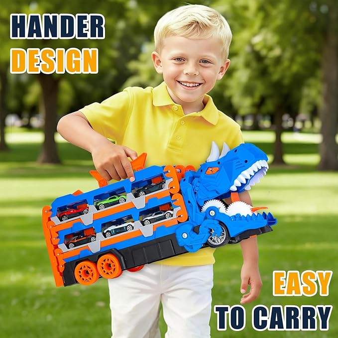 MUGEYMYD Dinosaur Toys Car Race Track Set for Toddlers 3-12, City Transport Truck with 12 Die-Cast Cars, Transforming Dino Truck Set with Foldable Tracks and Swallow, Gift for Boys and Girls.