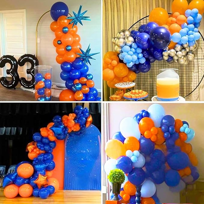 Orange Blue Balloons, 12 Inch Royal Blue and Matt Orange Metallic Gold Latex Balloons with Tangerine Star Printed Party Balloon for Kid Cartoon Theme Anime Birthday Outer Space Party Decoration