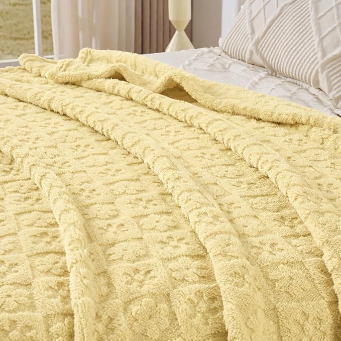 Yellow Floral Plush Throw Blanket 50 x 60 Inch, Soft Fuzzy Fleece, Cozy Decorative Blanket for Couch, Sofa, Bed and Bedroom