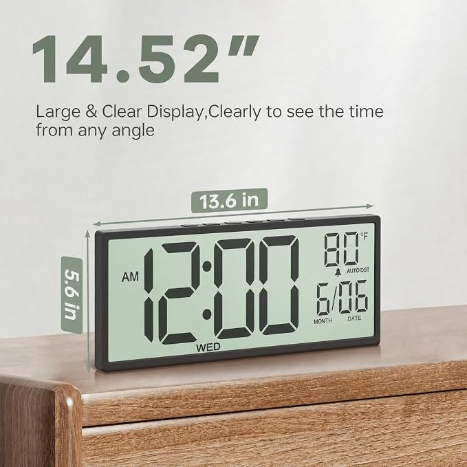 JALL Large Digital Wall Clock Battery Operated, Wall Clock with Big Numbers LCD Display, Digital Clock with Date Day Temperature, Alarm, Auto DST, Clocks for Office, Gym, Bedroom, Elderly- Black