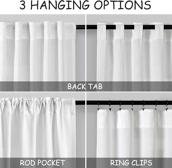 Linen White Curtains 120 Inches Long 2 Panels Set Back Tab Rod Pocket Semi Sheer Cotton Textured Light Filtering Extra Long Curtain Farmhouse High Ceiling Curtains for Living Room 9Ft 40x120