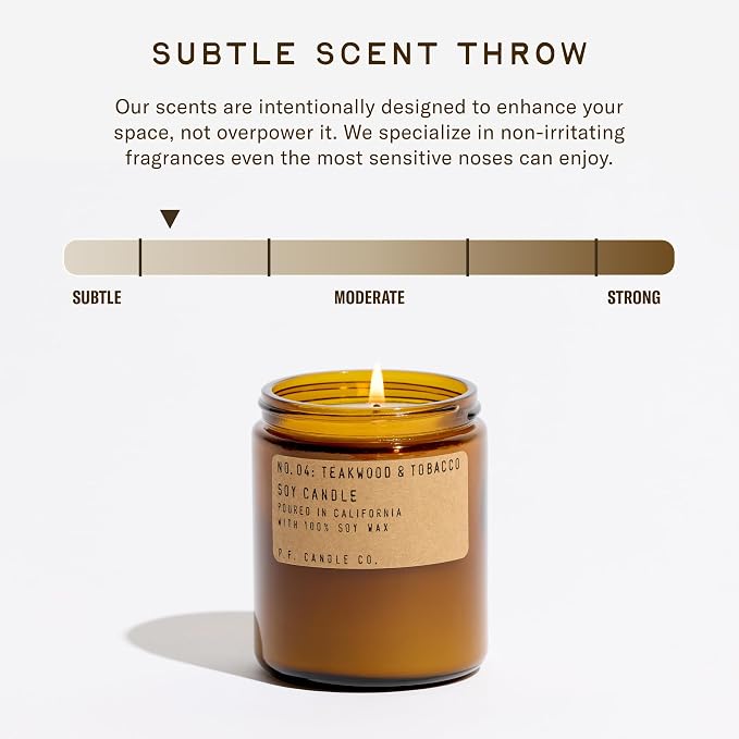 P.F. Candle Co. Teakwood & Tobacco Classic Standard Scented Soy Wax Candle (7.2 oz) 40-50 Hour Burn Time, Amber Glass Jar, Made in The U.S.A.
