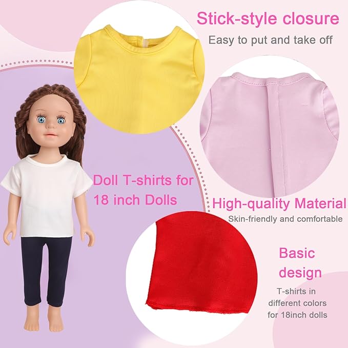 5-Piece Multicolor T-Shirts for 17-18 Inch Dolls / DIY Customizable Plain Tees (Mixed Color)