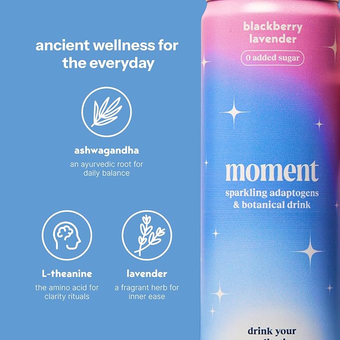 Moment Adaptogen Drink (Shark Tank) - Calm, Clarity & Relaxation with L-Theanine & Ashwagandha - Non Alcoholic Drinks for Adults - Sparkling Botanical Soda - 0 Sugar 0 Caffeine - 12 Pack 11.5 fl oz