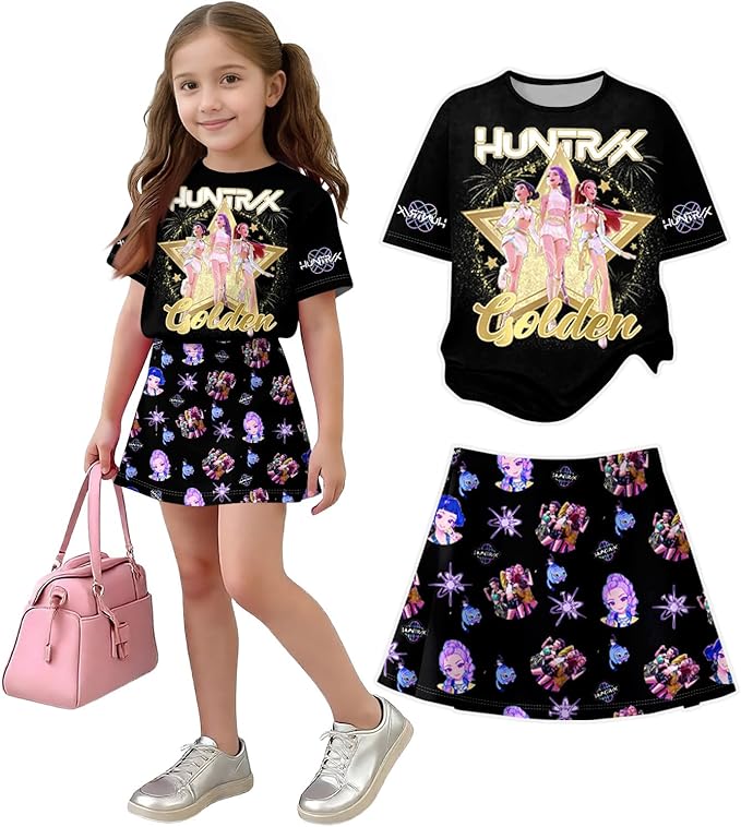 HTHLVMD K Pop Short Sleeve T-Shirt and Skirts Outfits Set for Girls Hunters Rumi Mira Zoey Graphic Tees De-Mon Costume