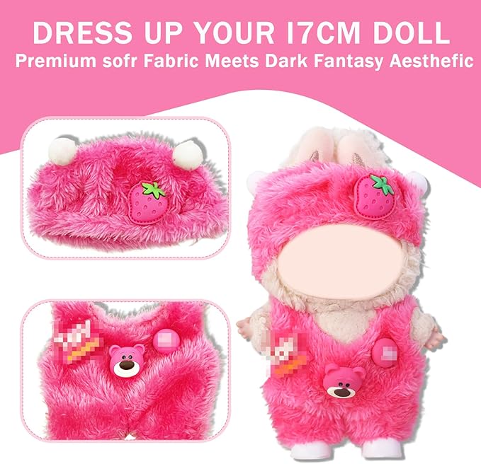17cm Clothes Set(NO Doll),Hat & Overalls Set for 17cm Accessories Suit,Stylish Adorable Dolls Clothes Accessories,Cute Clothes for Dress up Unique Style (Pink Strawberry Bear)