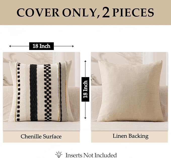 ANRODUO Boho Decorative Pillow Covers 20x20 Inch Black Stripe Pack of 2 | Throw Pillow Covers, Farmhouse Cushion Case, Chenille Pillow Cases, Pillow Covers, Accent Neutral Pillowcase for Sofa Couch