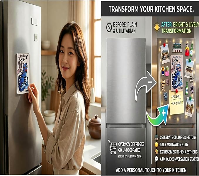 Korean Tiger & Magpie Minhwa Fridge Magnet – Premium Acrylic Refrigerator Magnet, Made in Korea Traditional Folk Art Souvenir, Cultural Gift Decor for Kitchen & Office (2.4 x 4 in)