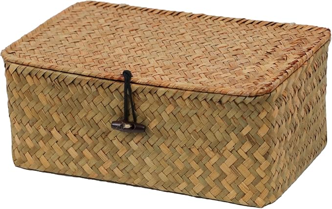 Seagrass Wicker Storage Basket with Lid, Medium, Natural | Shelf Baskets for Organizing, Rectangular Woven Bin Box, Multipurpose Home Storage, Natural Decor, 10.23 x 6.3 x 4.13