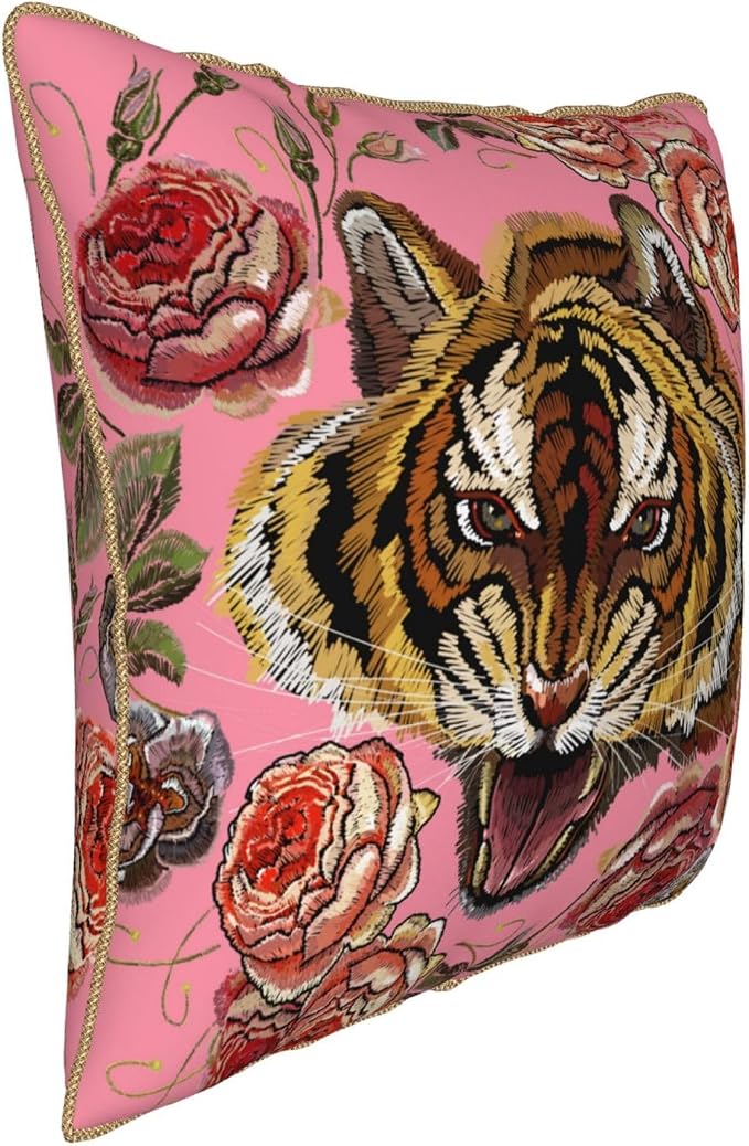 Tiger Floral Pink Velvet Pillow Covers 16x16 Inch Flower Animal Print Throw Pillows for Couch Farmhouse Cushion Covers Pillowcase Modern Pillow Cases for Sofa Bed Living Room Outdoor Decor