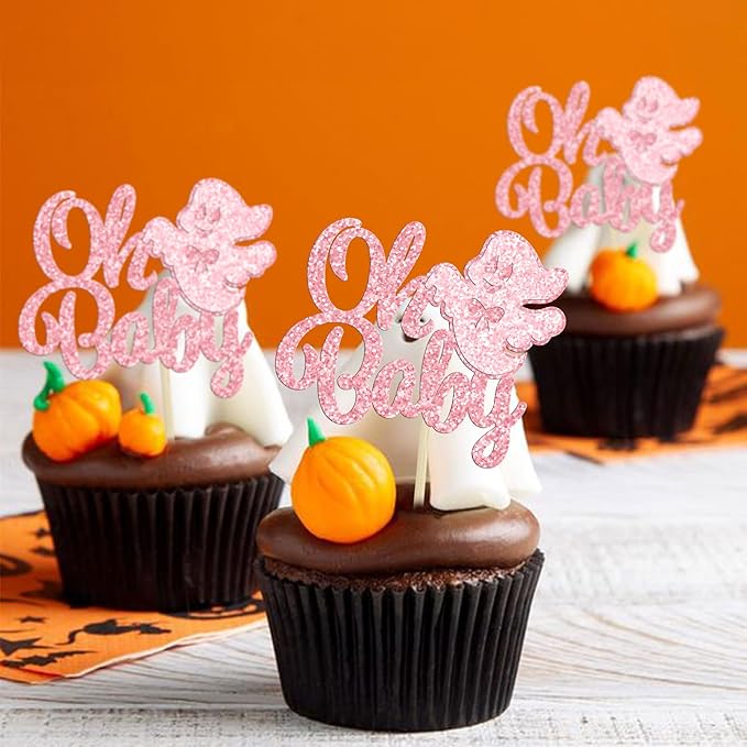 Gyufise 24Pcs Ghost Oh Baby Cupcake Toppers Pink Glitter Bow Spooky Cupcake Picks for Halloween Ghost Theme Baby Shower Kids Birthday Party Cake Decorations Party Supplies