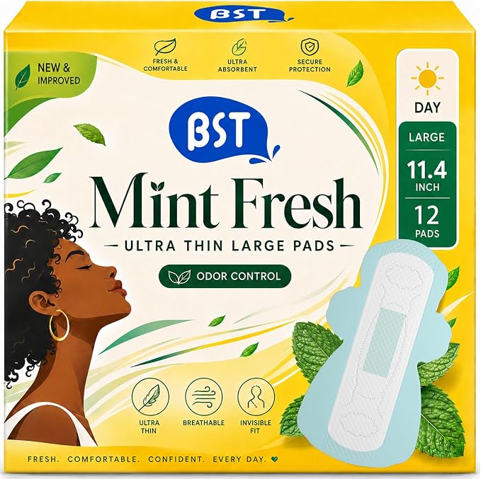 BST Mint Fresh Pads for Women, Breathable Thin Sanitary Napkins with Wings, Odor Control & All-Day Freshness, Heavy Absorbency, Feminine Care, Active Lifestyle Use（Large, 12 Count,Packaging May Vary）