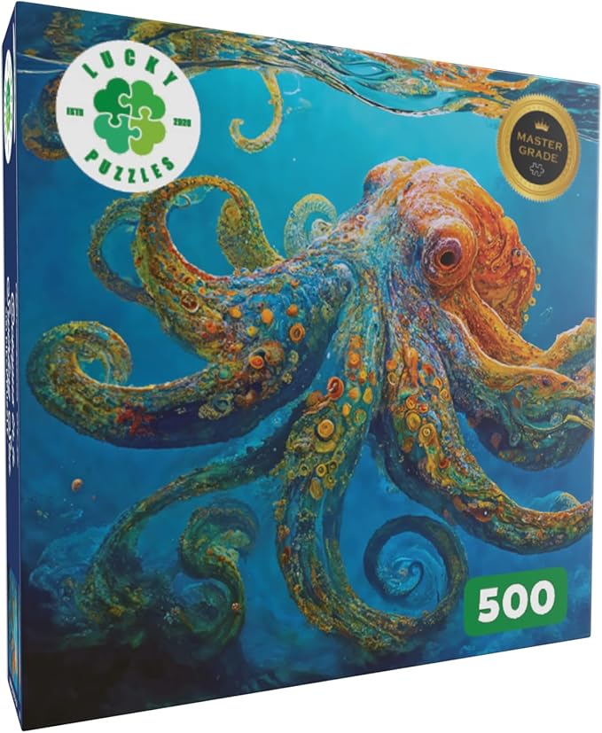 Lucky Puzzles Octopus in a Swirling Sea | 500 Piece Jigsaw Puzzle for Adults | Best New Marine Artwork Puzzle | Unique Brain Teaser | 18 x 24 Inches