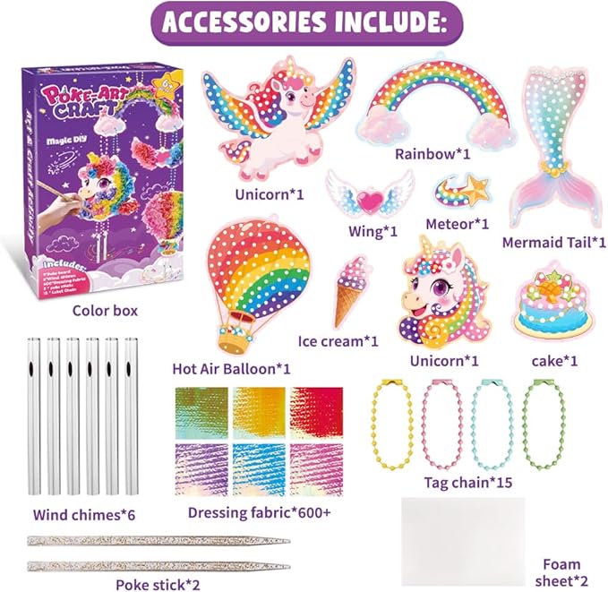 Poke Art and Crafts Kits for Girls, Fun and Mess Free DIY Wind Chime Creative Activity, Birthday Gifts Toys for 5 6 7 8+ Year Old Girls