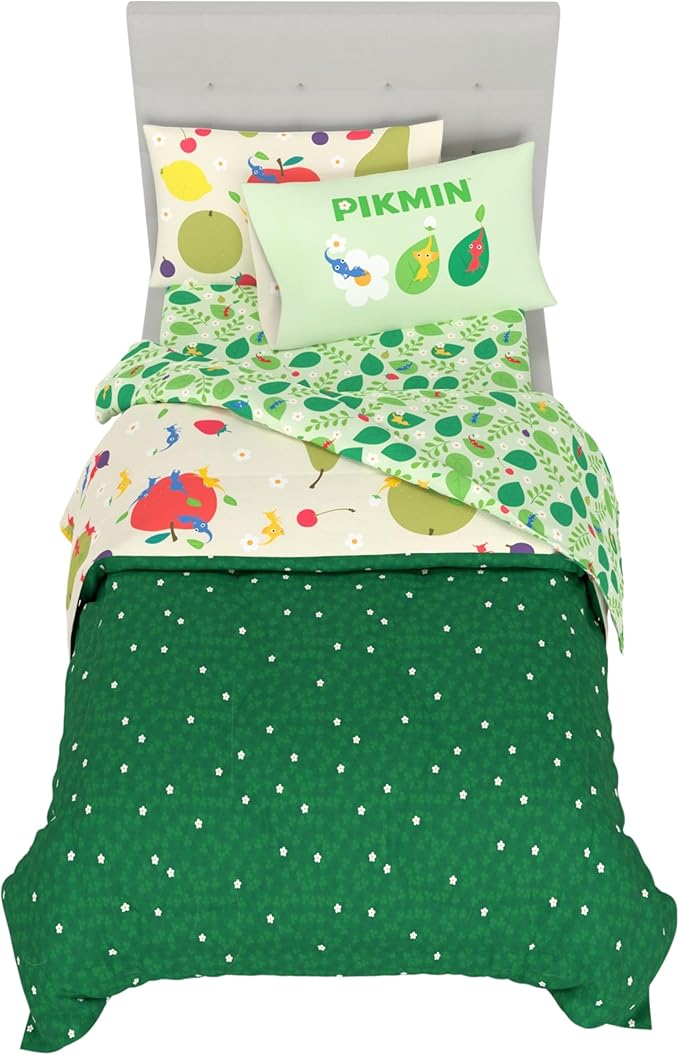 Nintendo Pikmin Video Game Kids Bedding Set, Twin Size 5 Piece Reversible Comforter and Sheet Set with Sham, (Officially Licensed Product) by Franco