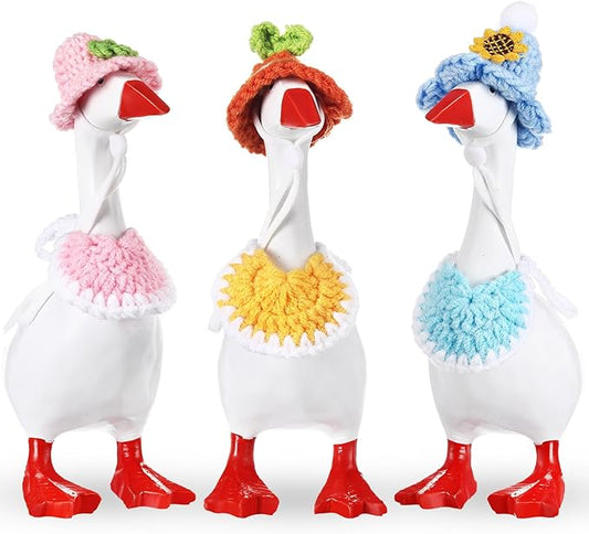 Geyoga 3 Pcs Mini Desk Goose Outfits 7 Inch Mini Knitting Hat and Bandana Knitting Desk Goose Headwear Bibs Accessory for Magnetic Statue Table Decor Gifts (Holiday Style)