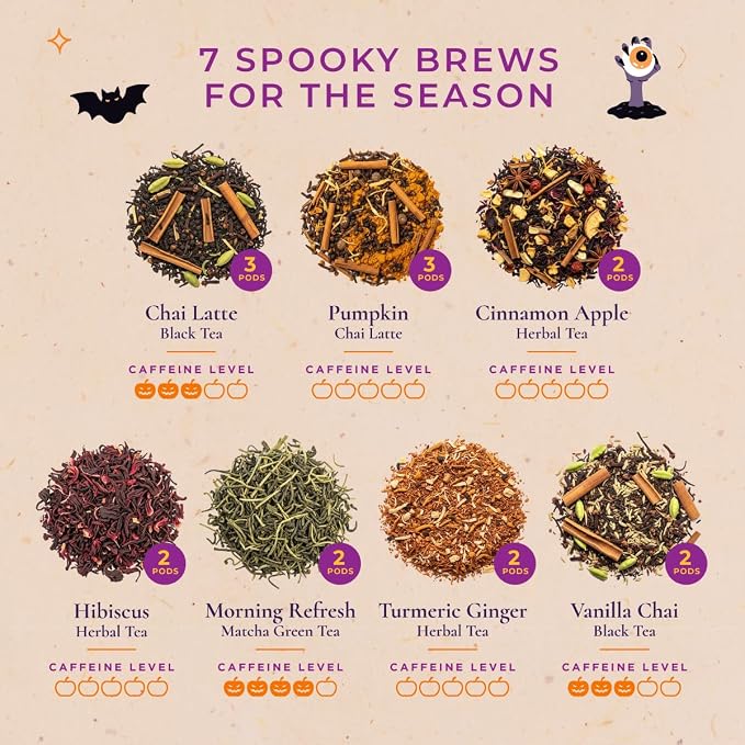 Gya Tea Co Halloween Tea Pod Collection Gift Set (16 Count) - Different Flavors Assorted Variety Pack