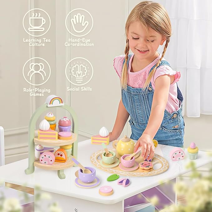 Lonico Wooden Tea Party Set for Little Girls Toddler Tea Set with Cupcake Stand & Food Dessert, Play Kitchen Accessories for Toddlers 2 3 4 5 6 Years Old, Wooden Toys Birthday Kids Girls Gifts 3-6