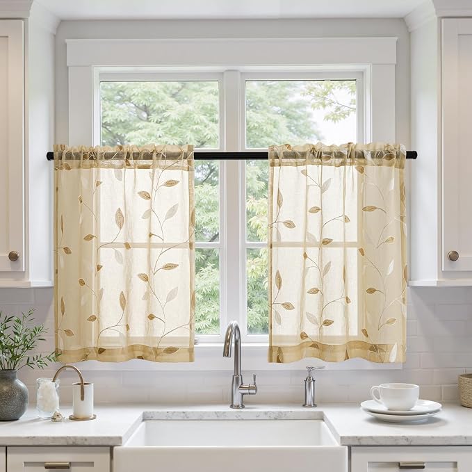 MIULEE Beige Sheer Curtains 2 Panels Embroidered Leaf Patterned Rod Pocket Floral Semi Sheer Faux Linen Short Window Curtains Drapes Set for Kitchen Bathroom Cafe, 30x30 Inches Length