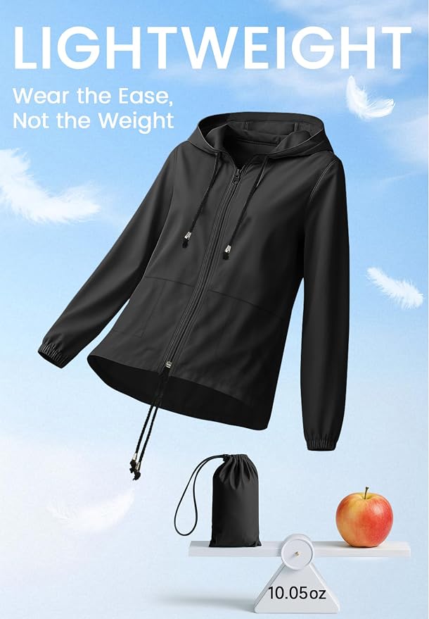 Zando Lightweight Rain Jacket Women Packable Waterproof Raincoat with Hood | Windbreaker Jacket Women, Light Raincoats for Drizzle, Rain Coats for Travel, Hiking and Commute