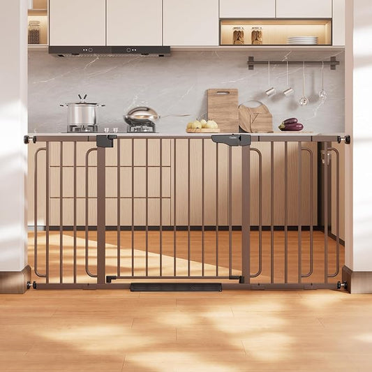 Cumbor 36.6-64" Extra Wide Baby Gate for Stairs, Dog Gates for Doorways, Auto-Close Pet Gate Indoor, Pressure Mounted Walk Through Safety Child Gate for Kids Toddler, Tall Pet Puppy Fence Gate, Brown