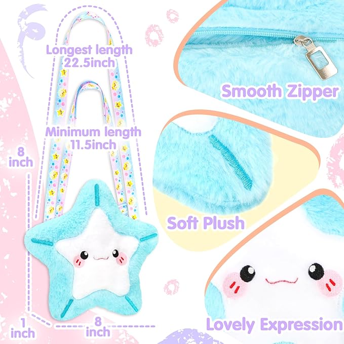 Plush Starfish Bag Kids Handbag Crossbody Bag with Zipper,Plush Coin Purse with Adjustable Strap,Soft Starfish Stuffed Purse Birthday Gift for Toddlers Kids
